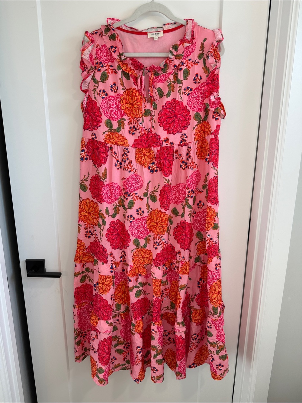 Umgee Pink Floral Ruffle Tie-Front Maxi Dress